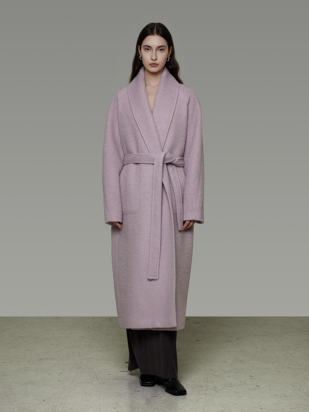 unspoken Cozy Thick Lambswool Midlength Loose Fit Minimalist Commuter Lavender Wool Coats