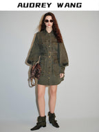 audreyyang Pure Cotton Relaxed Utility Button Women Military Green Denim Jackets