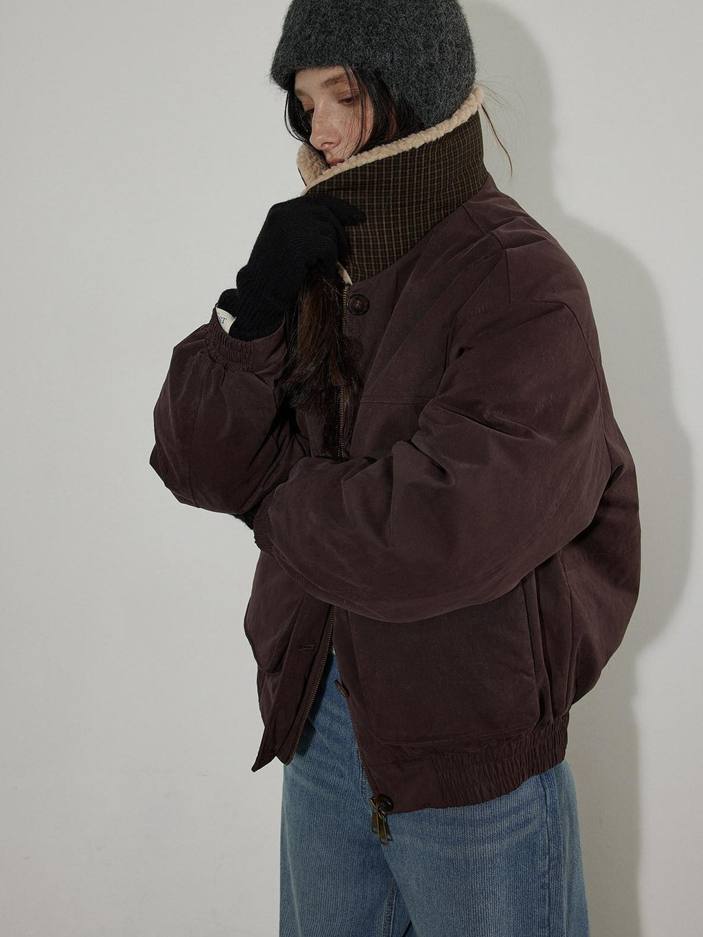 Lofi choose 90 Percent White Duck Down Oversized Turn Down Collar Plum Purple Down Jackets