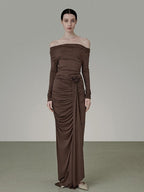 unspoken Slim Pleated Minimalist Workwear Women Pullover Polyester Brown Top & Skirt Sets