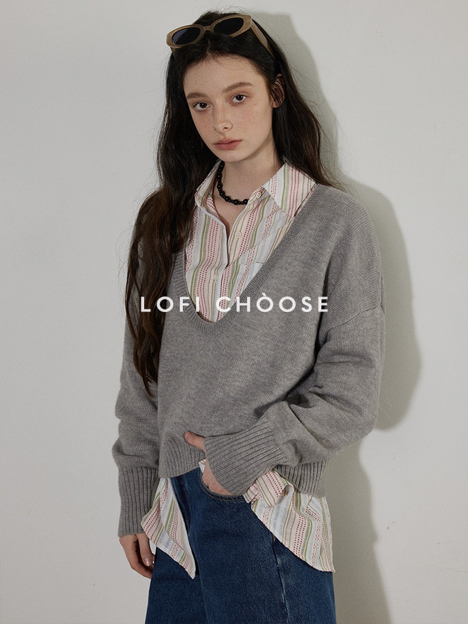 Lofi choose Soft Lightweight V-neck Loose Fit Commuter Office Knit Pullover Sweaters