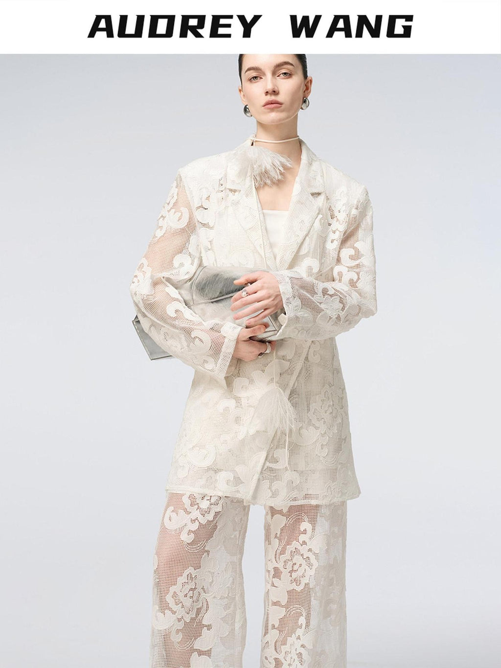 audreyyang Cotton Hollowout Loose Notched Lapel Workwear Women White Suit Top & Pants Sets