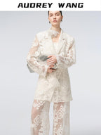 audreyyang Cotton Hollowout Loose Notched Lapel Workwear Women White Suit Top & Pants Sets