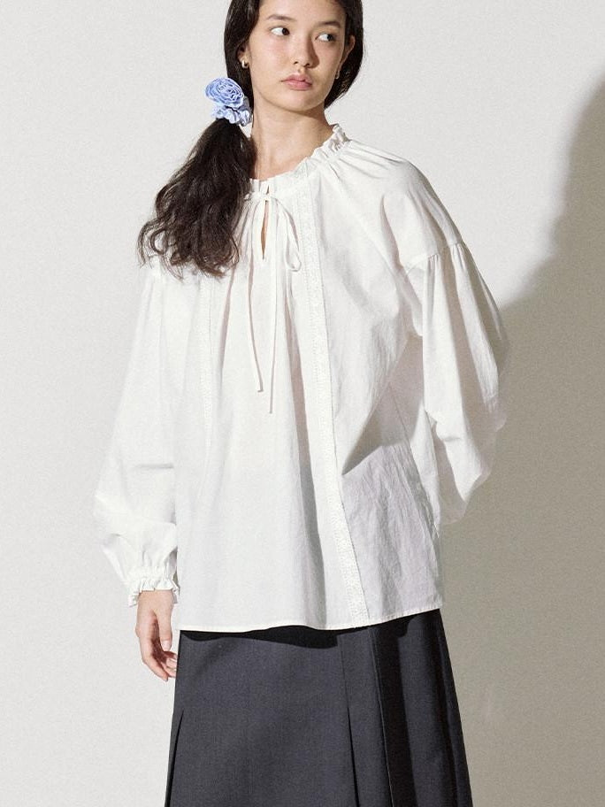fano Breathable Lyocell Cotton Loose Round Neck Korean Long Sleeve White Blouses