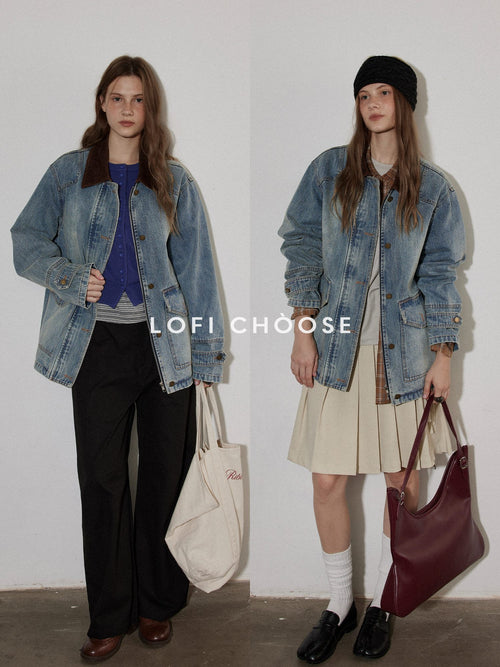 Lofi choose Cotton Colorblock Loose Fit Women Button Midlength Blue Denim Jackets