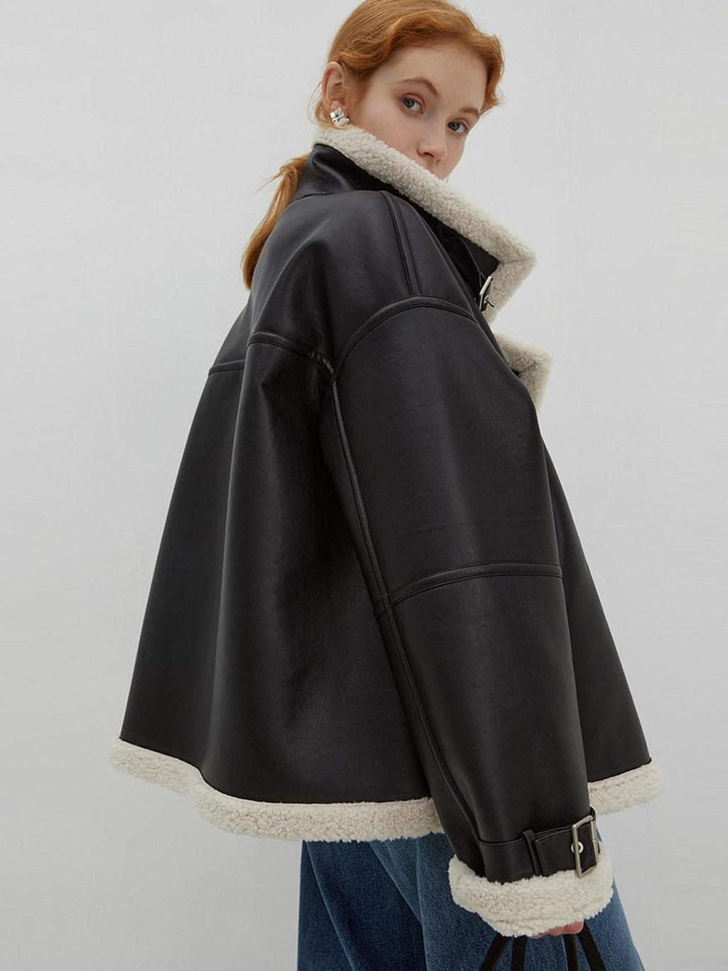 fano Thick Loose Fit Commuter Viscose Zipper Women Black Leather Jackets