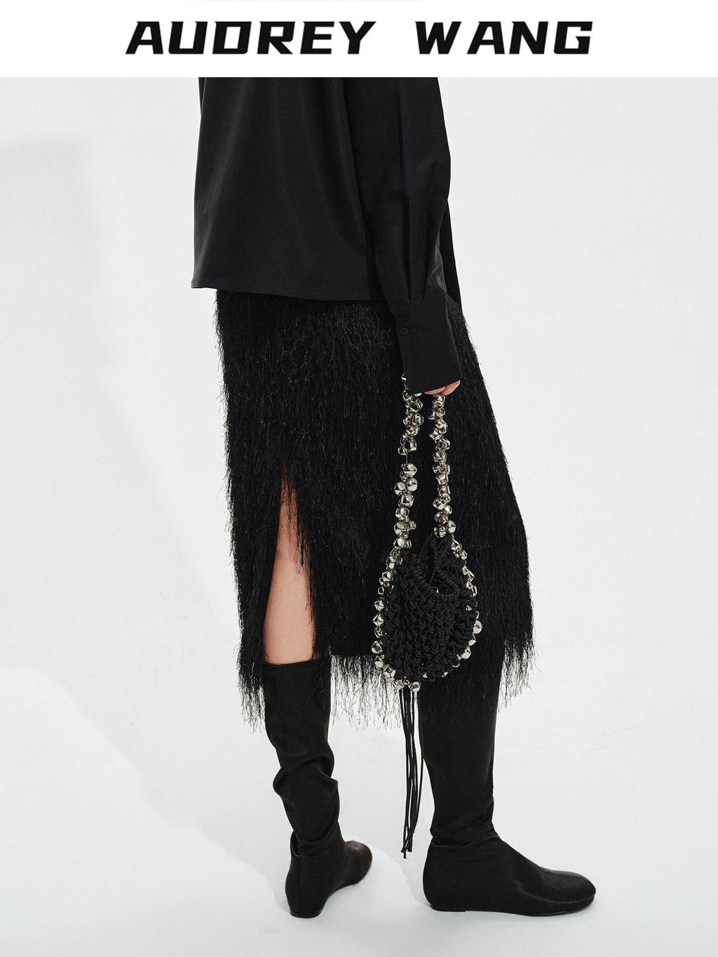 audreyyang Fringe Front Slit Mid Waist Straight Elastic Waist Lined Women Black Midi Skirts