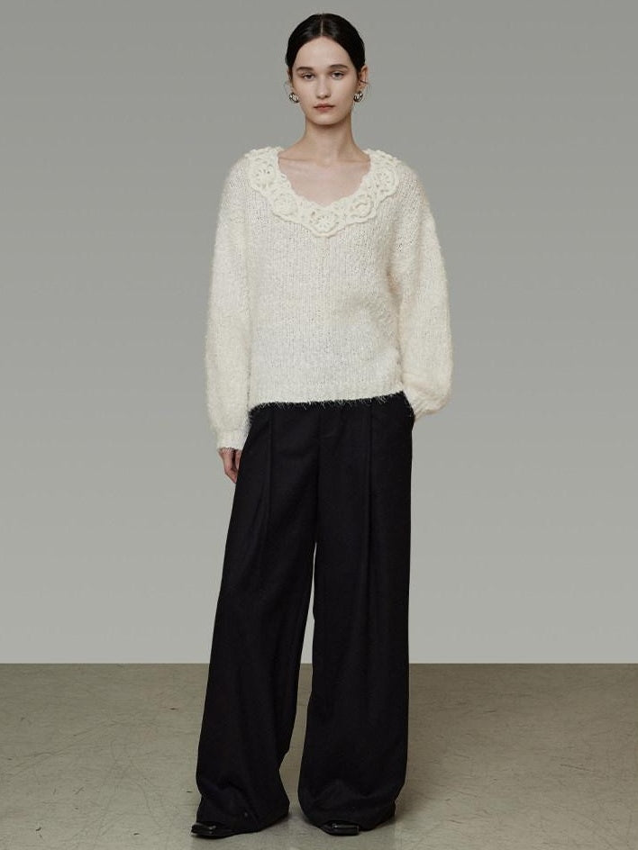 unspoken Cozy Minimal Commuter V-neck Crochet Knit Loose Women Pullover Sweaters