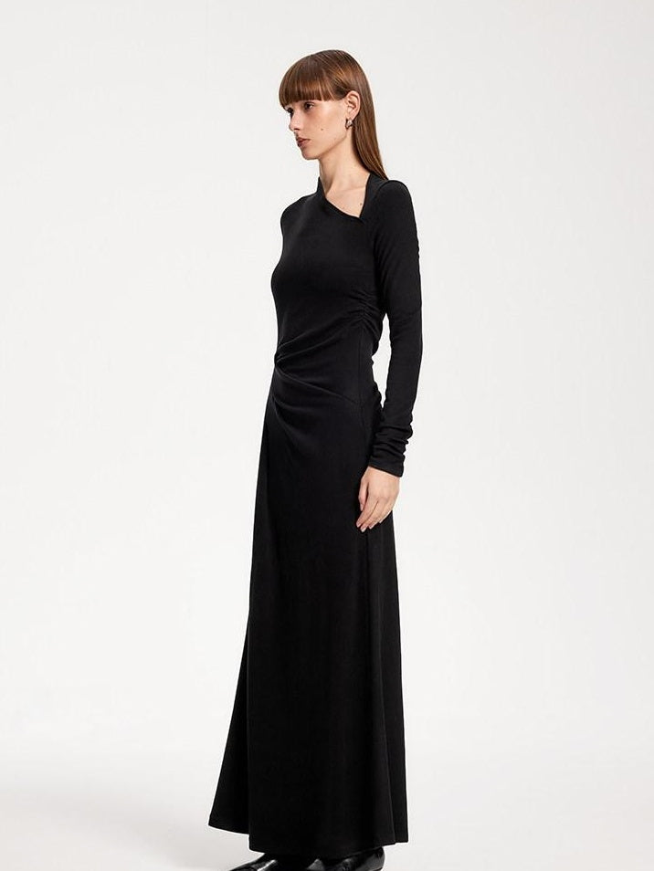 someone sometimes Elegant Long Sleeve Acrylic Blend Asymmetric Hem Women Black Maxi Dresses