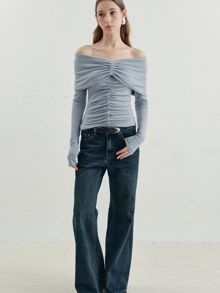someone sometimes Soft Mist Blue Viscose Blend Slim Fit Round Neck Women Long Sleeve T-Shirts
