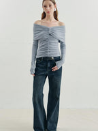 someone sometimes Soft Mist Blue Viscose Blend Slim Fit Round Neck Women Long Sleeve T-Shirts