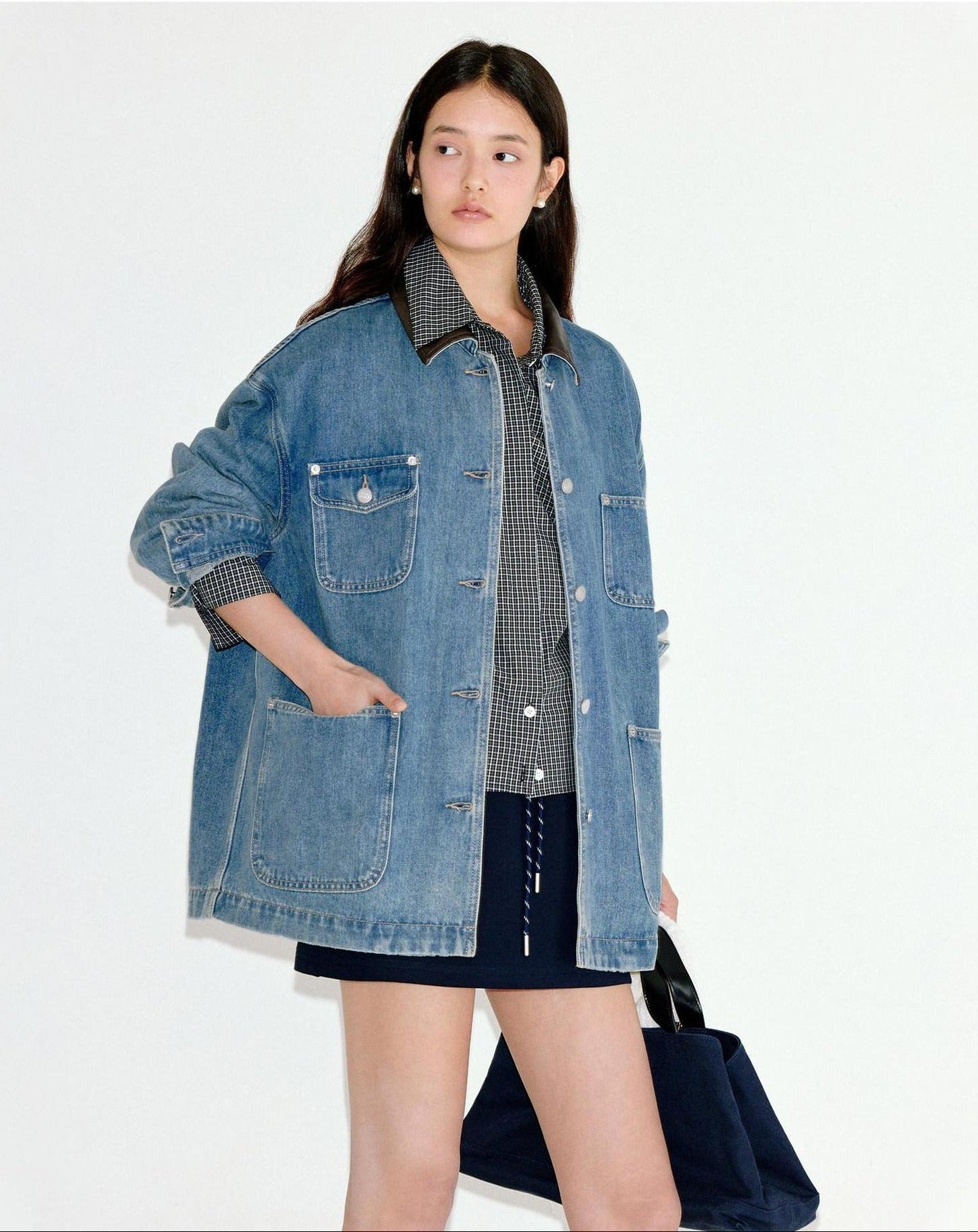 fano Patchwork Washed Blue Loose Fit Casual Cotton Women Button Front Denim Jackets