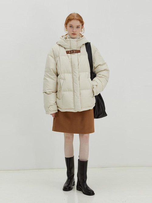 fano 90% White Duck Down Minimal Commuter Straight Hooded Milky Beige Down Jackets