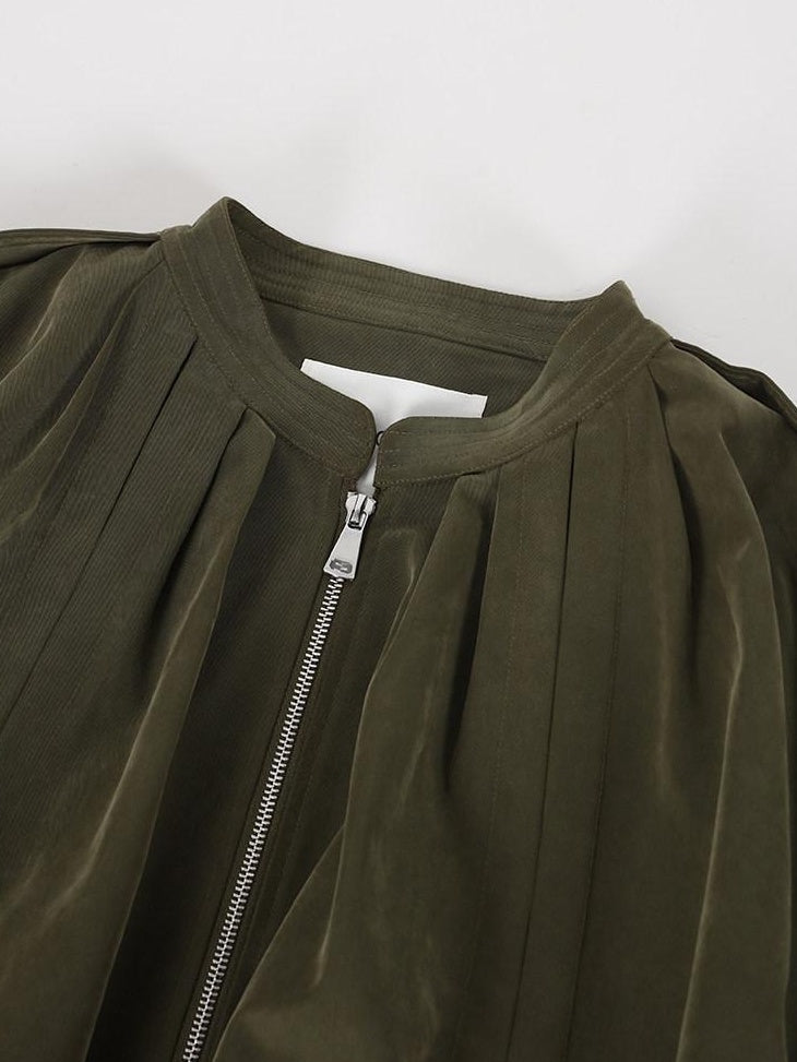 audreyyang Soft Modal Blend Casual Loose Cropped Zip Long Sleeve Women Olive Bomber Jackets