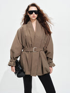 audreyyang Tie Front Vintage Oversized Batwing Sleeve Women Polyester Cropped Jackets