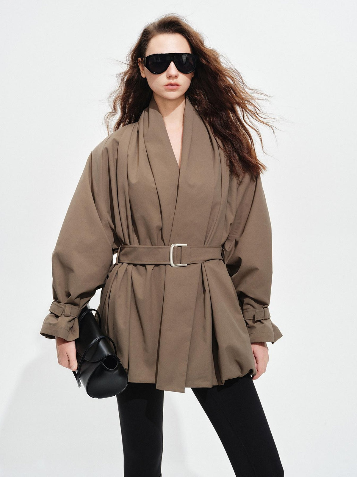 audreyyang Tie Front Vintage Oversized Batwing Sleeve Women Polyester Cropped Jackets
