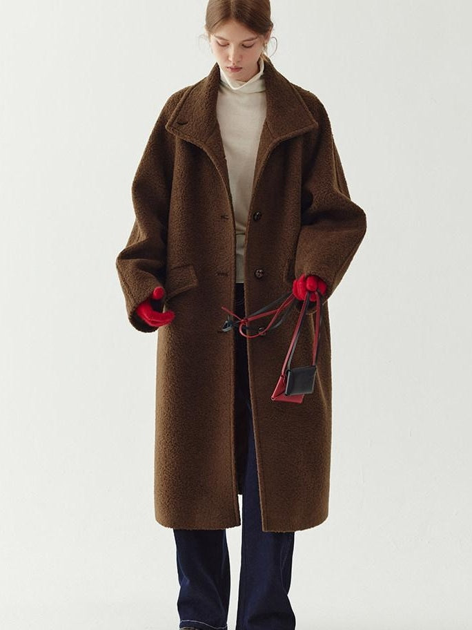 fano Soft Wool Blend Straight Cut Stand Collar Pockets Commuter Midlength Wool Coats