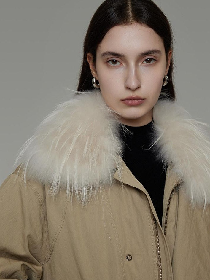 unspoken 90% White Duck Down Fur Collar Loose Commuter Khaki Zip Lapel Down Jackets