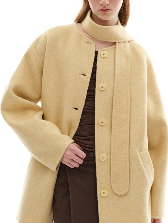 someone sometimes Minimalist Belted Roundneck Single Breasted 50 Percent Wool Yellow Wool Coats