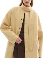 someone sometimes Minimalist Belted Roundneck Single Breasted 50 Percent Wool Yellow Wool Coats