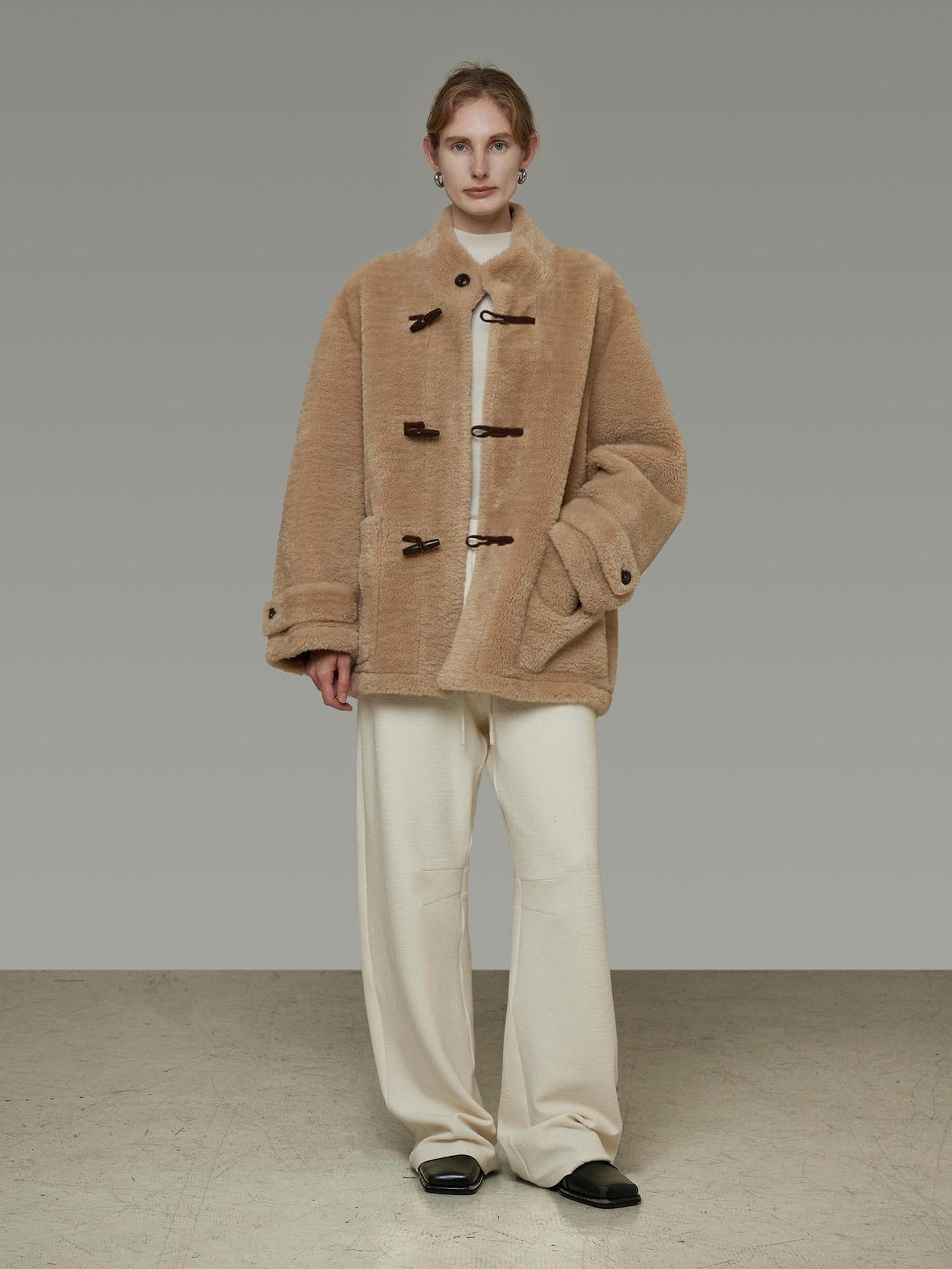 unspoken Warm Fur Lined Oversized Stand Collar Khaki Women Short Coat