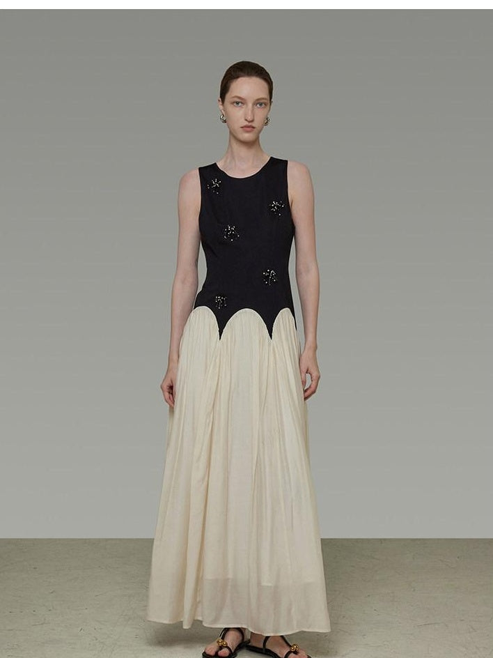unspoken Elegant Beaded High Waist A Line Sleeveless Office Polyester Maxi Dresses