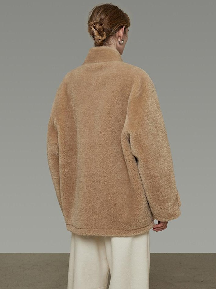 unspoken Warm Fur Lined Oversized Stand Collar Khaki Women Short Coat