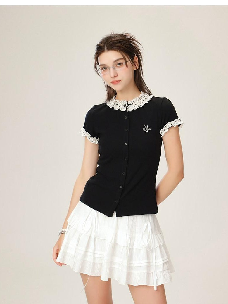 ikyou Cotton Stretch Slim Polka Dot Ruffle Women Short Sleeve Buttoned Knit Cardigans