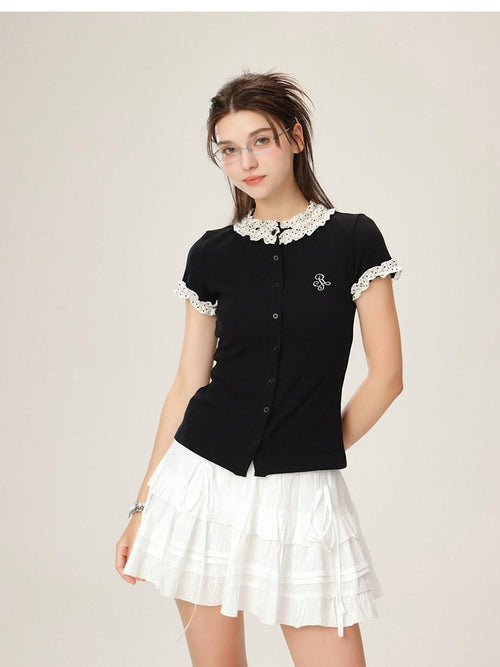 ikyou Cotton Stretch Slim Polka Dot Ruffle Women Short Sleeve Buttoned Knit Cardigans