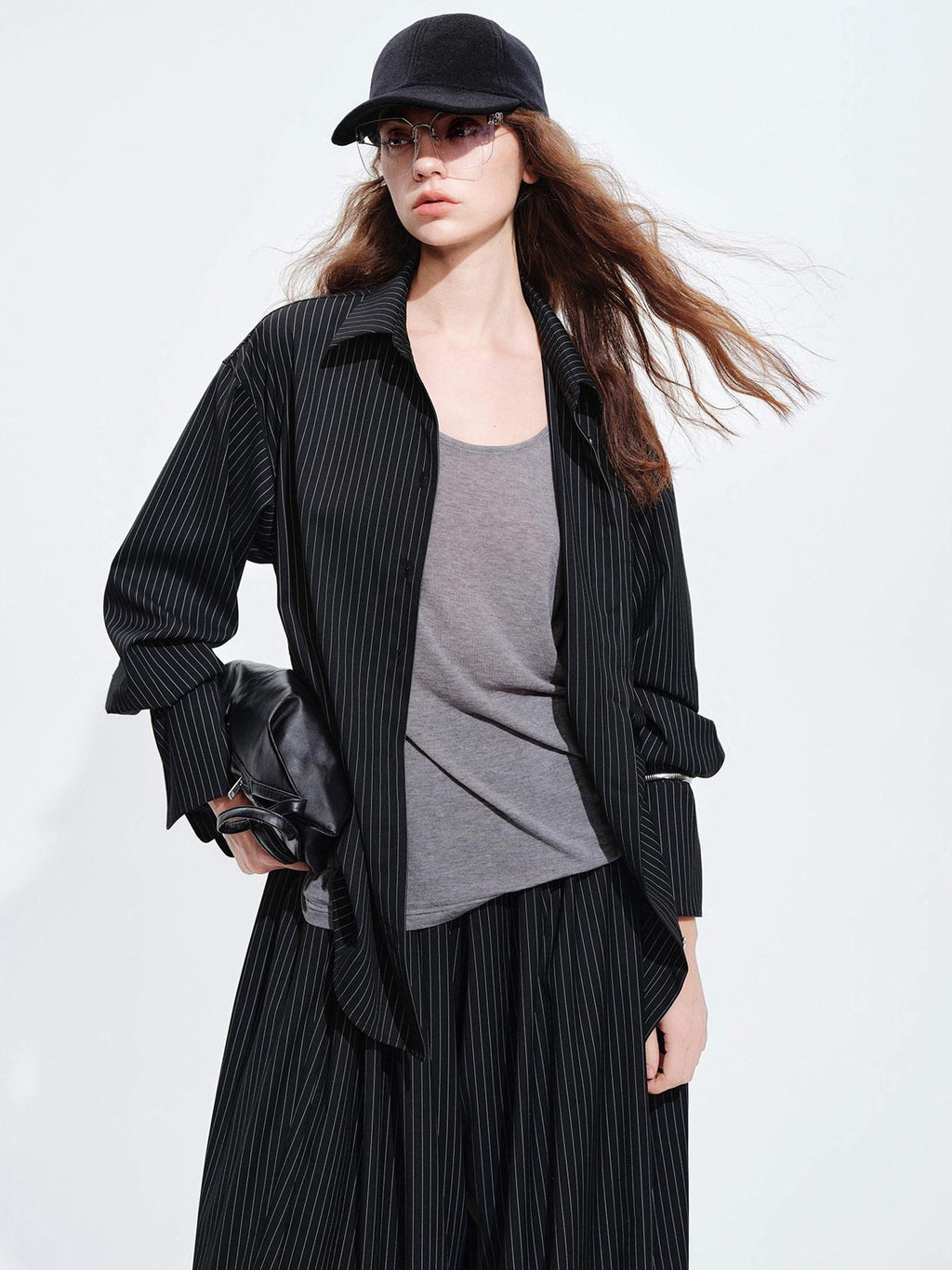 audreyyang Striped Relaxed Lapel Button Long Sleeve Casual Women Polyester Top & Pants Sets