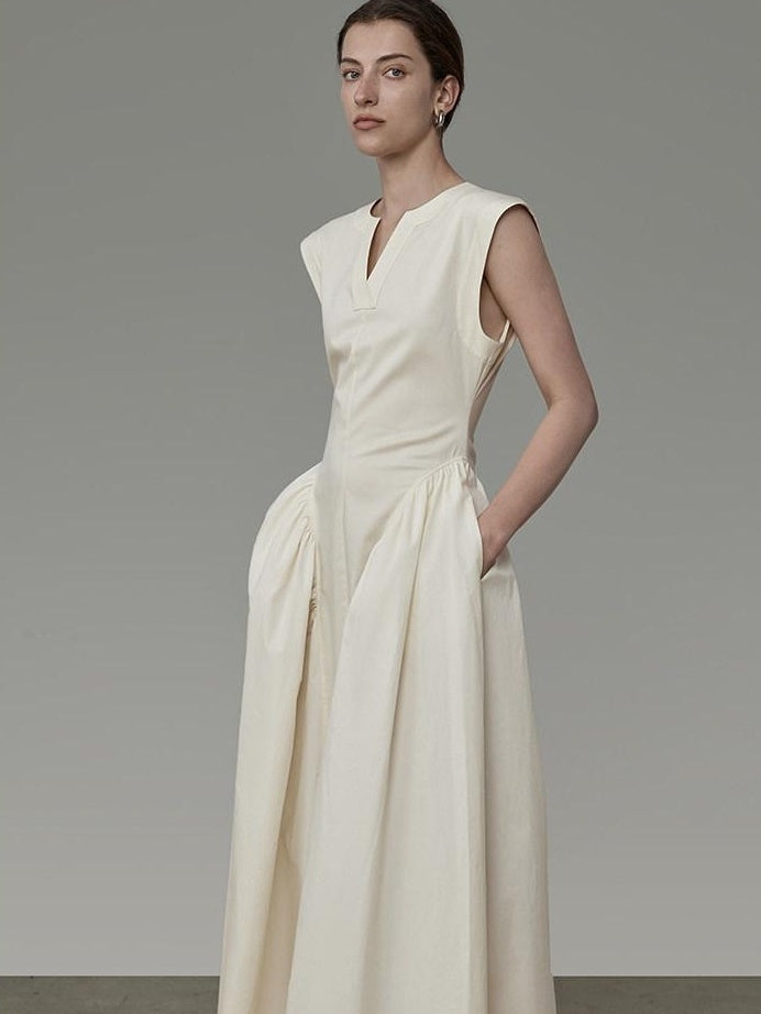 unspoken High Waist Colorblock V-neck Sleeveless Workwear A Line Cotton Maxi Dresses