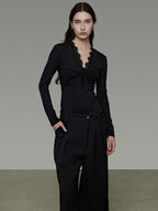 unspoken Breathable Lyocell Lace Slim Fit V-neck Long Sleeve Women Black Blouses