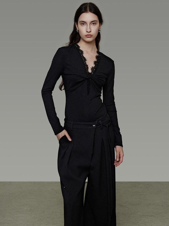 unspoken Breathable Lyocell Lace Slim Fit V-neck Long Sleeve Women Black Blouses