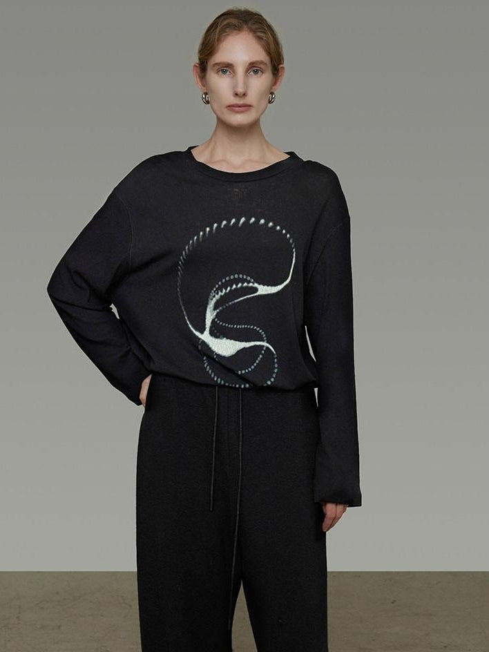 unspoken Lightweight Printed Minimalist Loose Round Neck Women Cream Pullover Sweaters