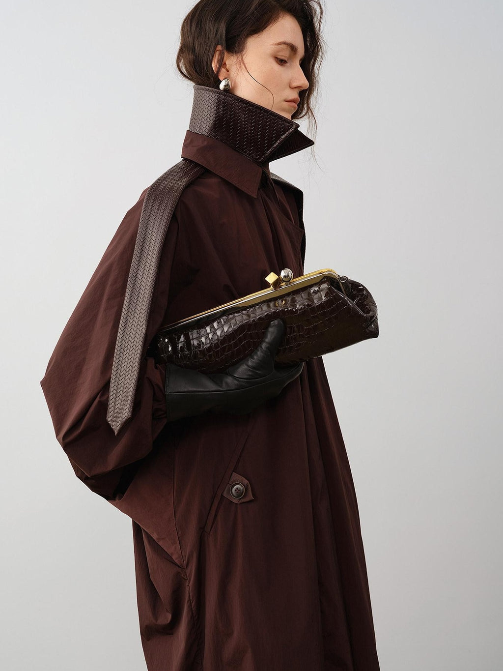 audreyyang Long Polyamide Patchwork Trench Decorative Tabs Women Black Trench Coats