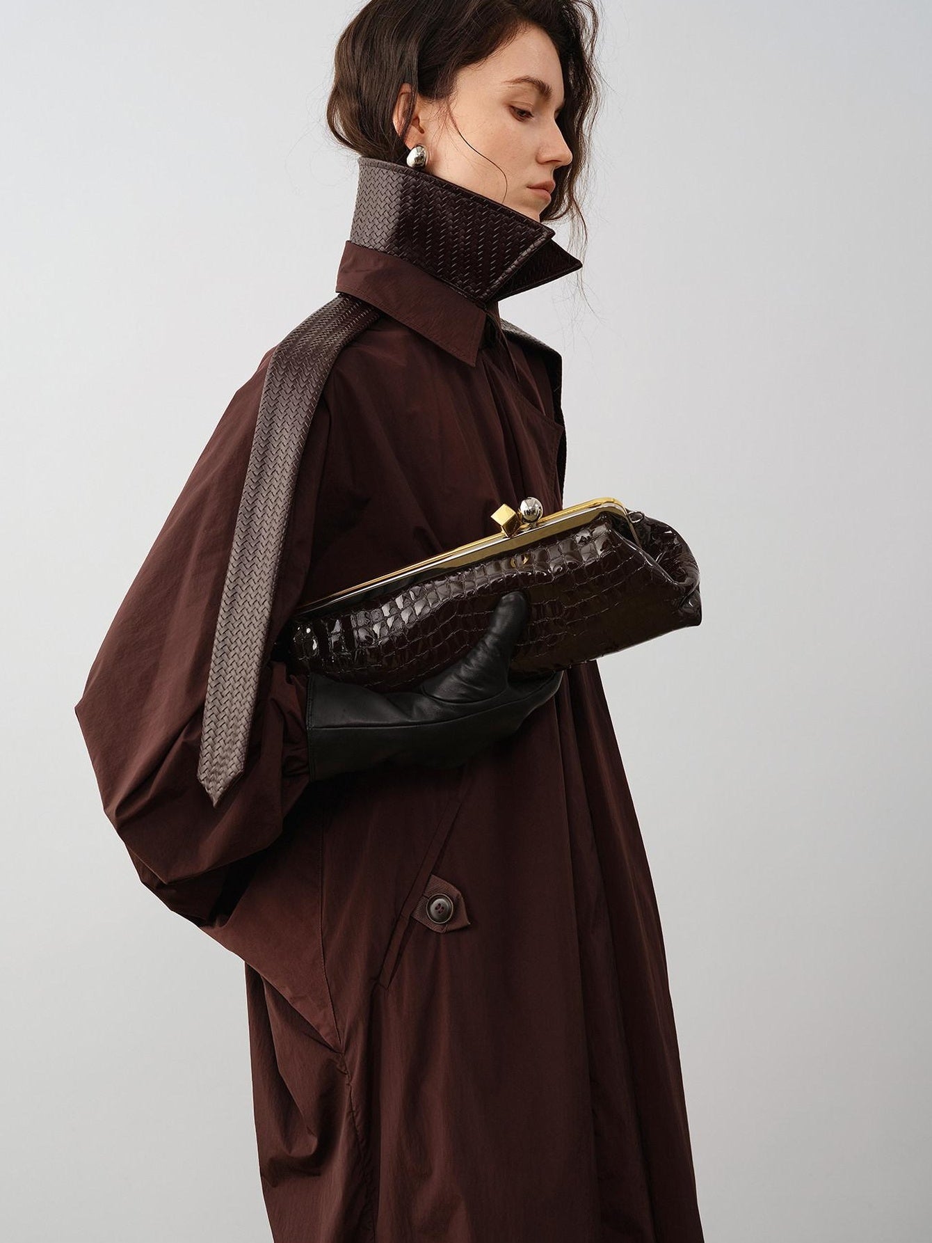 audreyyang Long Polyamide Patchwork Trench Decorative Tabs Women Black Trench Coats