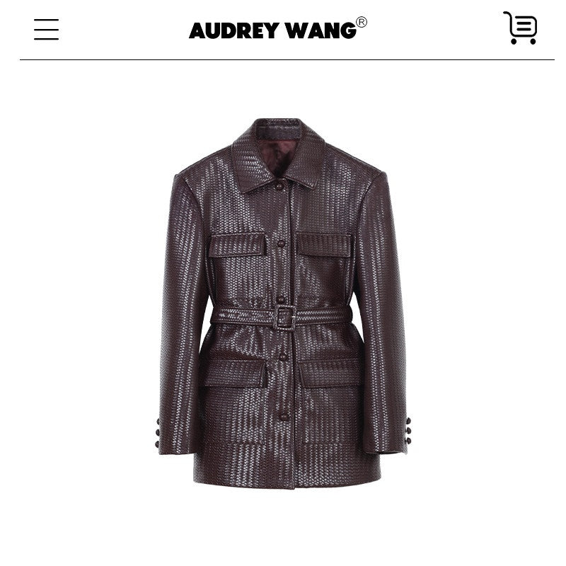 audreyyang_Pu_Leather_Multi_Pocket_Loose_Fit_Lapel_Button_Cuff_Burgundy_Leather_Jackets_MISSTT