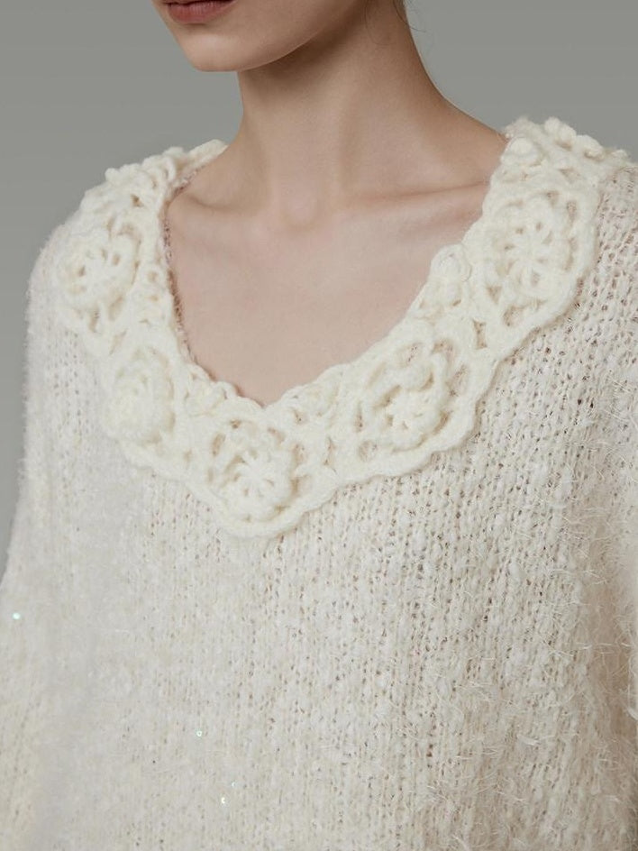 unspoken Cozy Minimal Commuter V-neck Crochet Knit Loose Women Pullover Sweaters