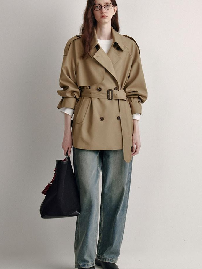 fano Double Breasted Button Front Minimal Commuter Straight Women Khaki Short Coat