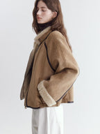 fano Comfortable Colorblock Stand Collar Zip Loose Fit Youth Camel Cropped Jackets