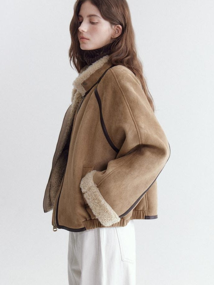 fano Comfortable Colorblock Stand Collar Zip Loose Fit Youth Camel Cropped Jackets