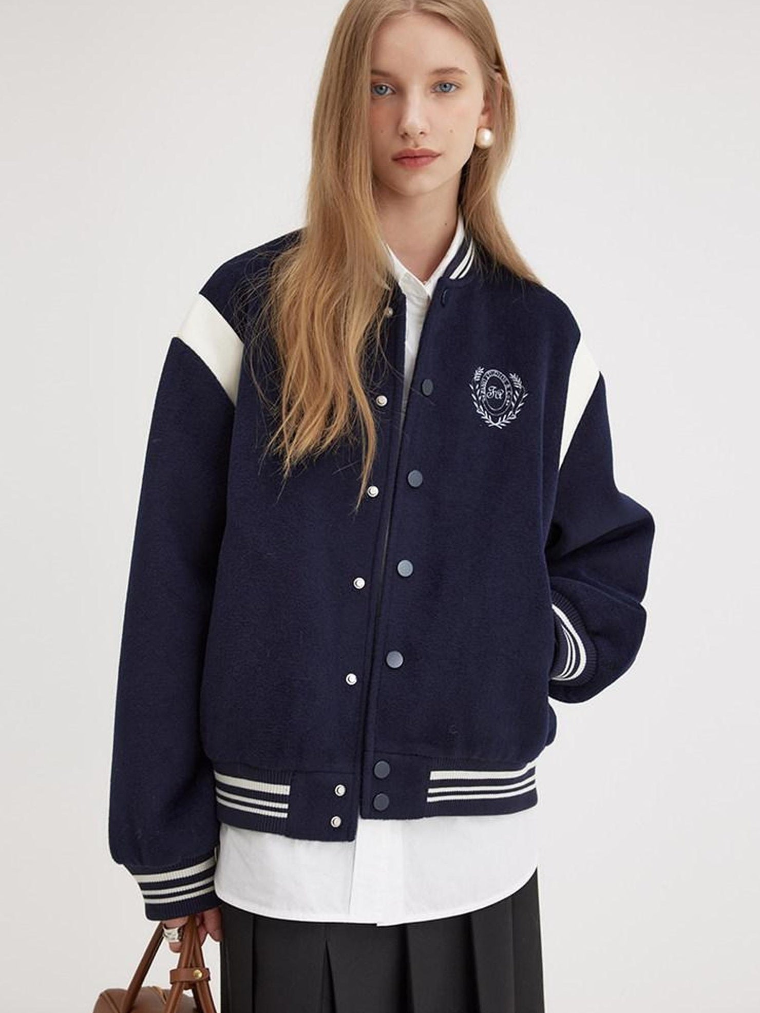 fano Embroidered Relaxed Fit Commuter Colorblock Crew Neck Women Bomber Jackets