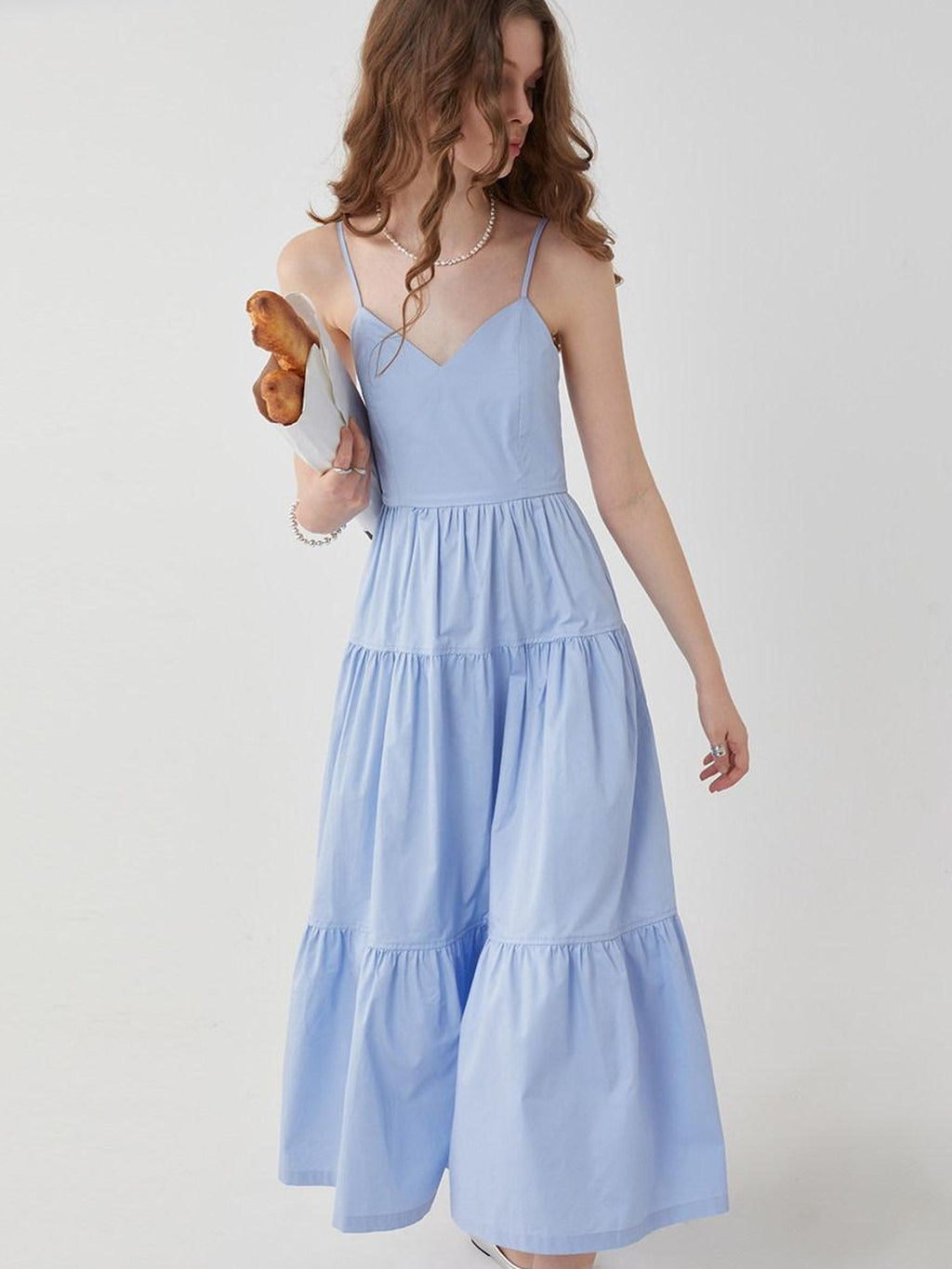 fano High Waist Pleated Minimalist V-neck Sleeveless A Line Cotton Casual Maxi Dresses
