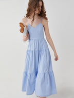 fano High Waist Pleated Minimalist V-neck Sleeveless A Line Cotton Casual Maxi Dresses