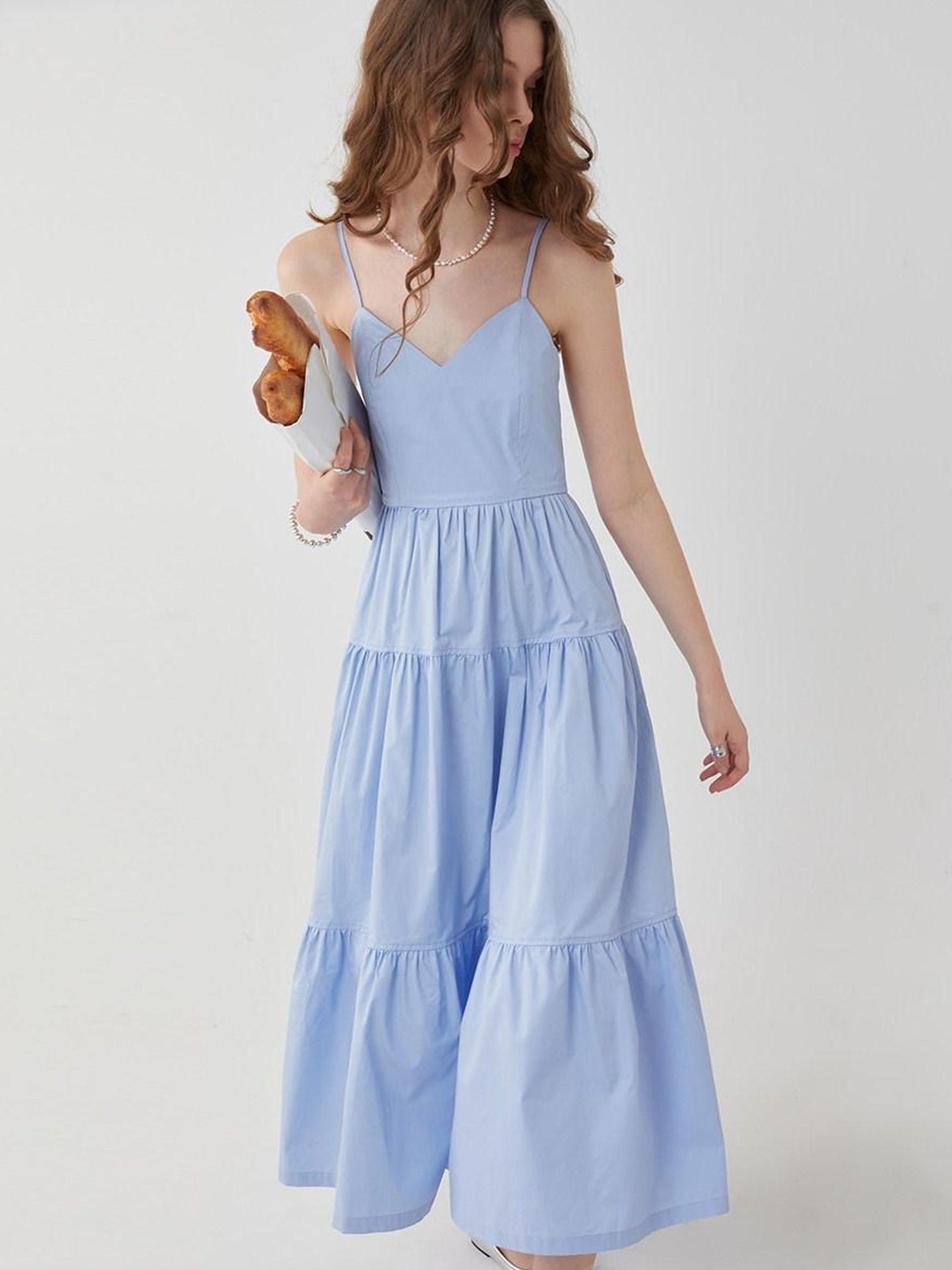 fano High Waist Pleated Minimalist V-neck Sleeveless A Line Cotton Casual Maxi Dresses