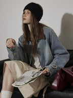 Lofi choose Cotton Colorblock Loose Fit Women Button Midlength Blue Denim Jackets