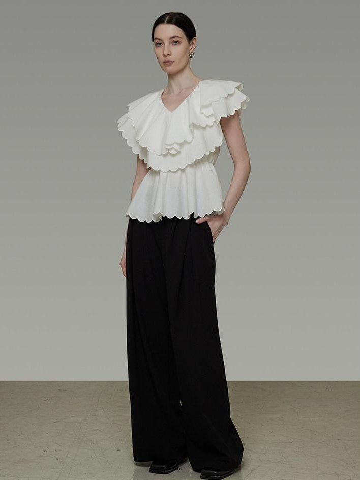 unspoken Breathable Cotton Blend Ruffle Collar Loose Minimal Commuter Women Blouses