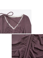 someonesometimes Lyocell Wool Slim Fit V-neck Knit Women Fig Purple Long Sleeve T-Shirts