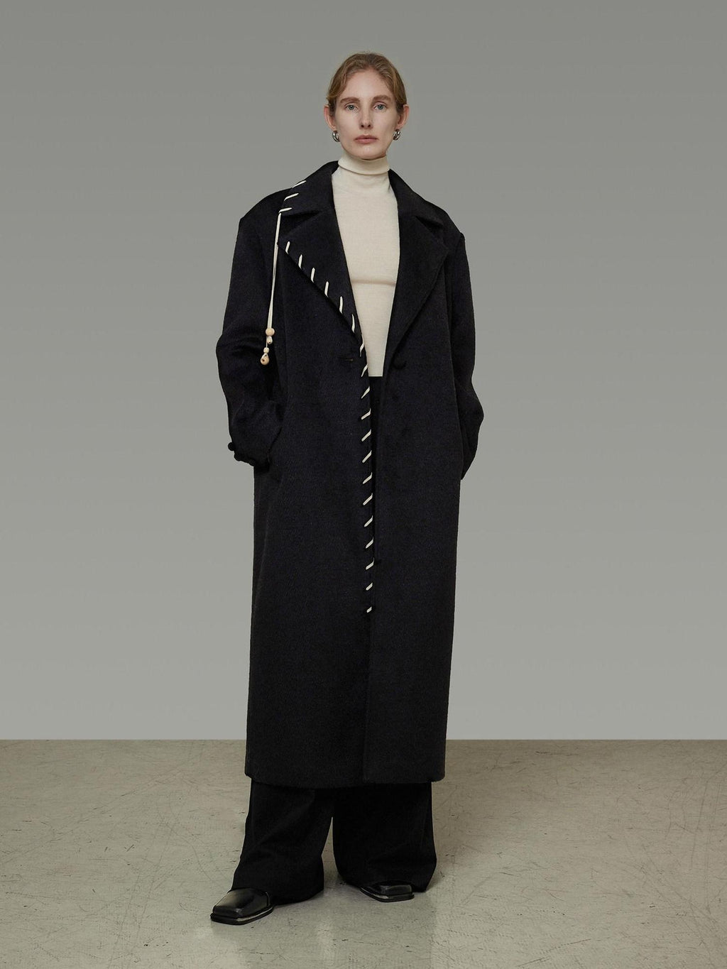 unspoken Sheep Wool Blend 3D Cut Straight Office Black Lapel Long Sleeve Long Coats