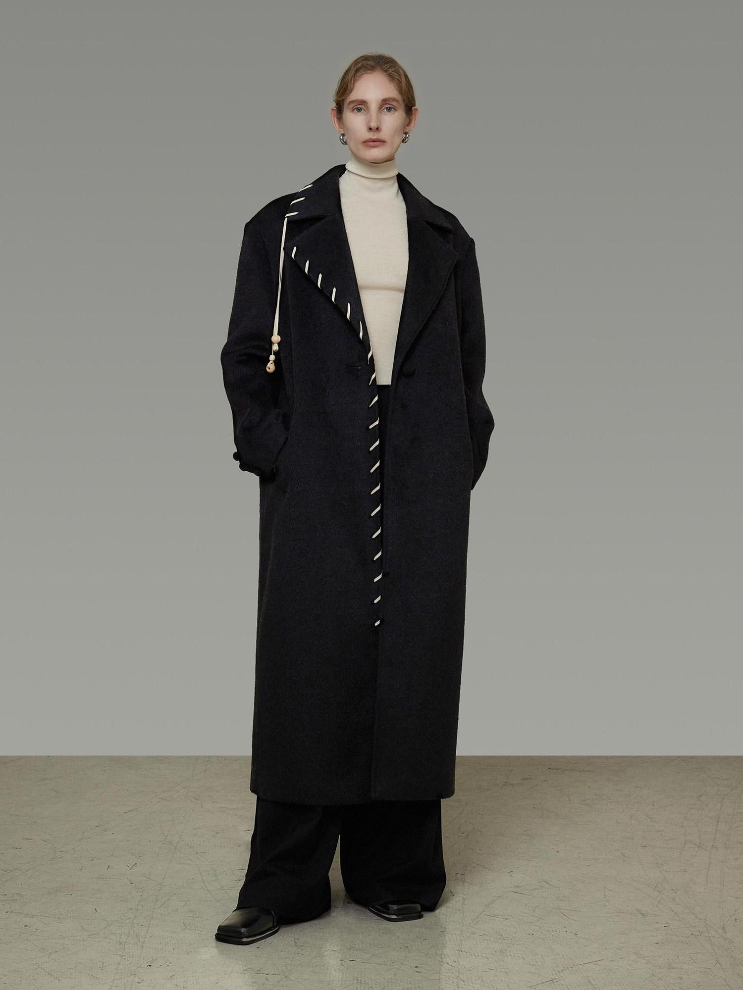 unspoken Sheep Wool Blend 3D Cut Straight Office Black Lapel Long Sleeve Long Coats